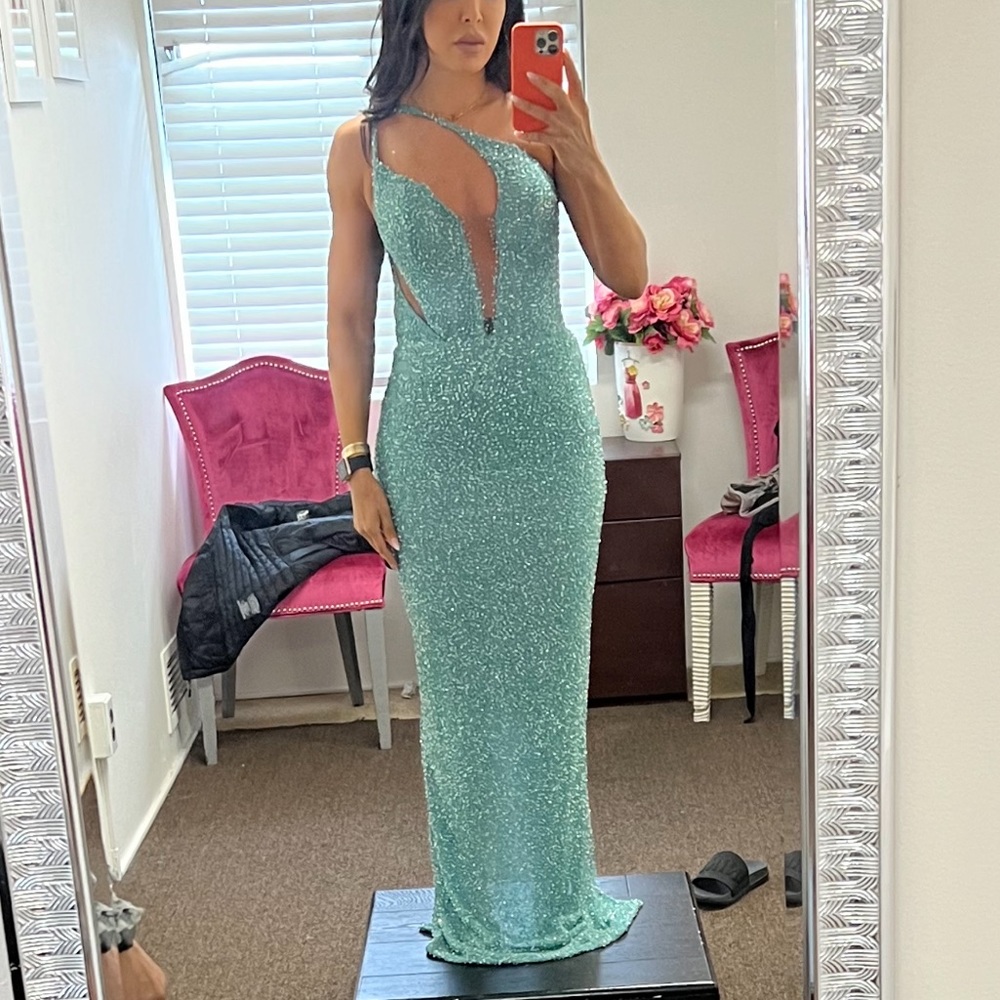 Sequence Beaded Teal Gown